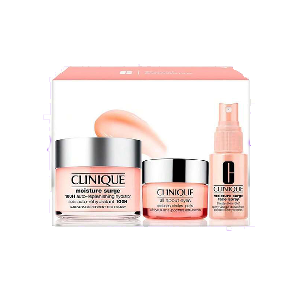 Estuche de regalo Clinique Moisture Surge 100H con crema, mascarilla y contorno.
