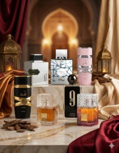 Selección de los mejores perfumes árabes de 2026: Lattafa Yara, Asad, Khamrah, Afnan 9pm, Club de Nuit Sillage y Adventure EDP en un bodegón de lujo.