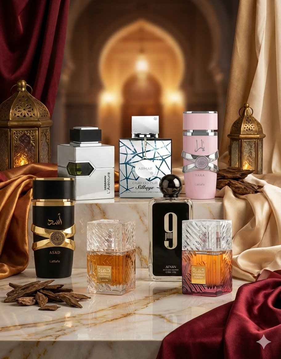 Selección de los mejores perfumes árabes de 2026: Lattafa Yara, Asad, Khamrah, Afnan 9pm, Club de Nuit Sillage y Adventure EDP en un bodegón de lujo.