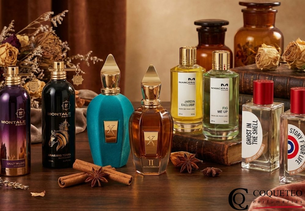 Bodegón de lujo con perfumes nicho de Montale, Xerjoff, Mancera y Etat Libre d’Orange sobre una mesa de madera con especias y flores secas.